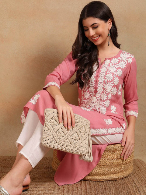 KALINI Floral Embroidered Notch Neck Chikankari Straight Kurta - Image 6