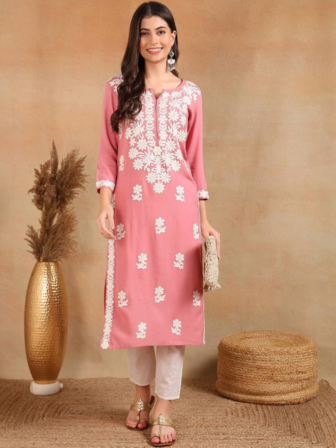 KALINI Floral Embroidered Notch Neck Chikankari Straight Kurta - Image 5