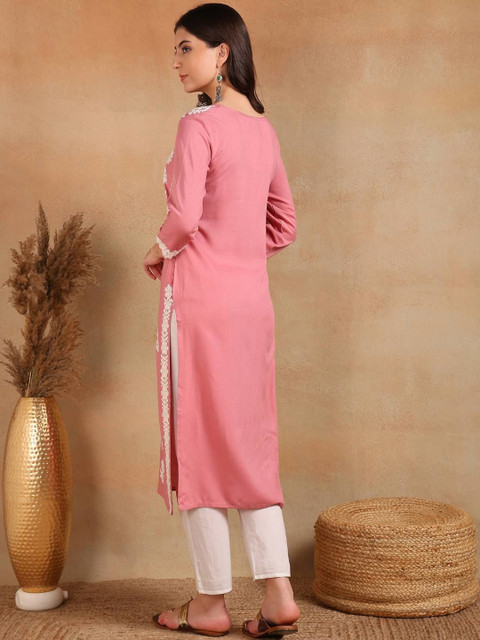 KALINI Floral Embroidered Notch Neck Chikankari Straight Kurta - Image 4