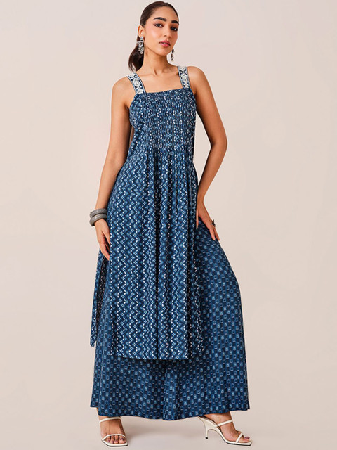 Global Desi Geometric Printed Square Neck Pleated A-Line Kurta
