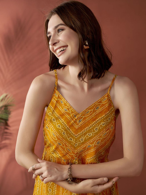 Anouk Mustard Yellow Bandhani Printed Shoulder Straps Straight Kurta