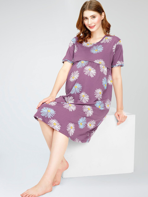 Zeyo Floral Printed Pure Cotton Maternity T-shirt Nightdress