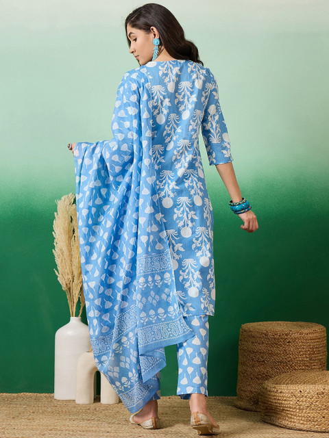 Sangria Printed & Embroidered Pure Cotton Straight Kurta With Trouser & Dupatta Set - Image 6