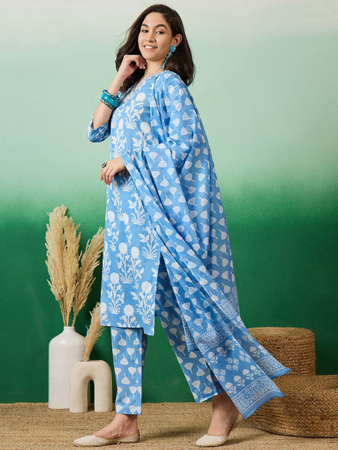 Sangria Printed & Embroidered Pure Cotton Straight Kurta With Trouser & Dupatta Set - Image 5