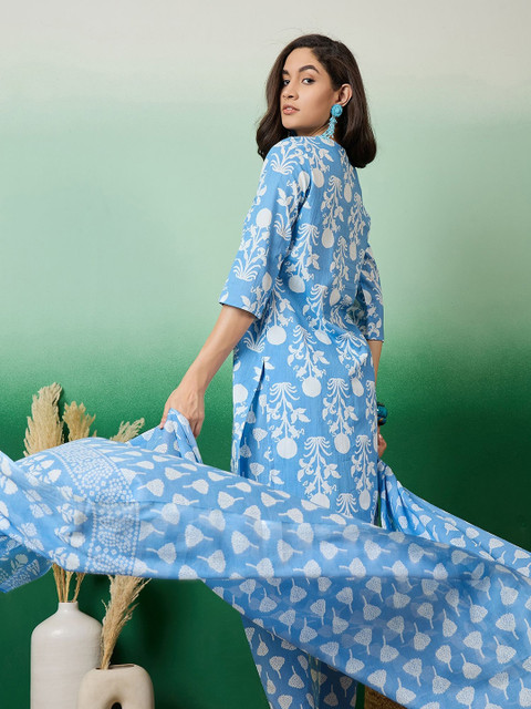 Sangria Printed & Embroidered Pure Cotton Straight Kurta With Trouser & Dupatta Set - Image 7