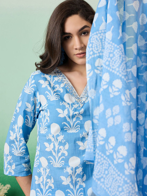 Sangria Printed & Embroidered Pure Cotton Straight Kurta With Trouser & Dupatta Set