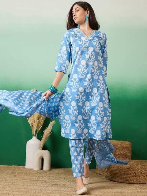 Sangria Printed & Embroidered Pure Cotton Straight Kurta With Trouser & Dupatta Set - Image 4