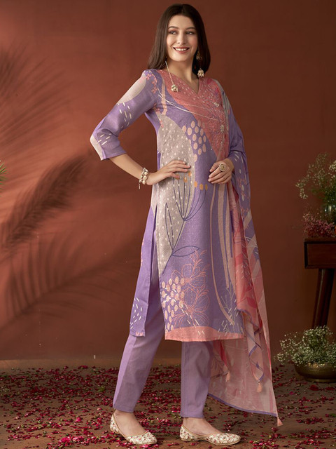 Anouk Lavender Floral Embroidered Beads & Stones Linen Kurta with Trousers & Dupatta - Image 4
