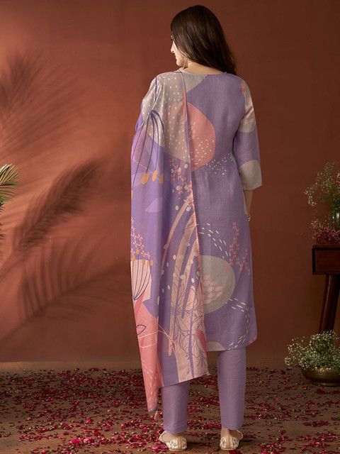 Anouk Lavender Floral Embroidered Beads & Stones Linen Kurta with Trousers & Dupatta - Image 5