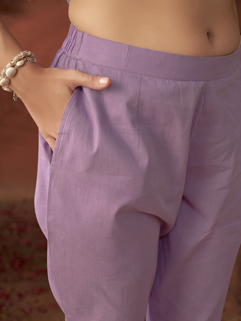 Anouk Lavender Floral Embroidered Beads & Stones Linen Kurta with Trousers & Dupatta - Image 3
