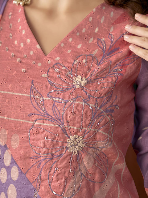 Anouk Lavender Floral Embroidered Beads & Stones Linen Kurta with Trousers & Dupatta - Image 2