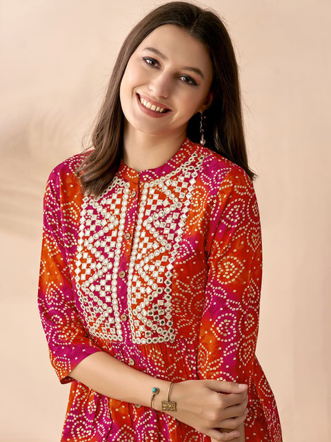 Anouk Fuchsia Bandhani Printed Band Collar Mirror Work Empire Anarkali Short Kurti