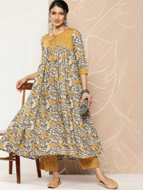 AAFAMI Floral Printed Tie Up Neck Regular Anarkali Kurta With Palazzos - Image 6
