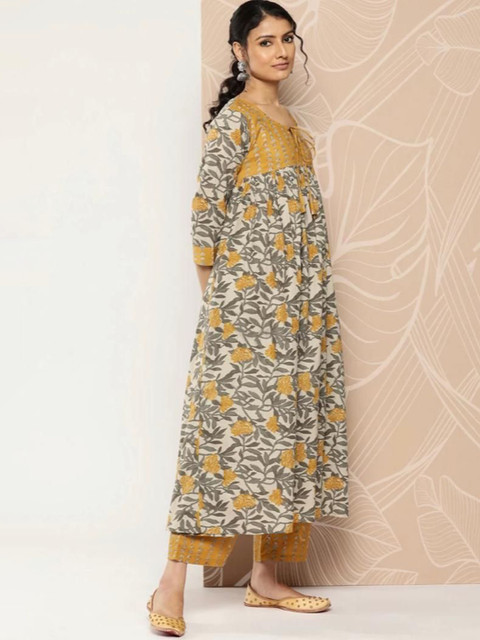 AAFAMI Floral Printed Tie Up Neck Regular Anarkali Kurta With Palazzos - Image 4