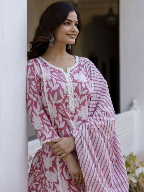 Anouk Pink Floral Printed Straight Thread Work Pure Cotton Kurta with Trousers & Dupatta - Image 7