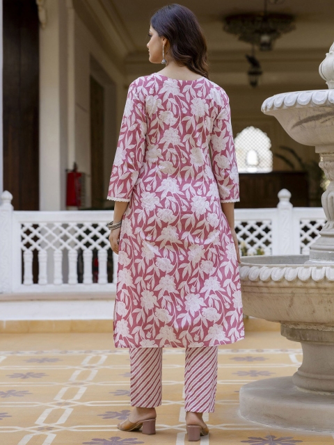 Anouk Pink Floral Printed Straight Thread Work Pure Cotton Kurta with Trousers & Dupatta - Image 6