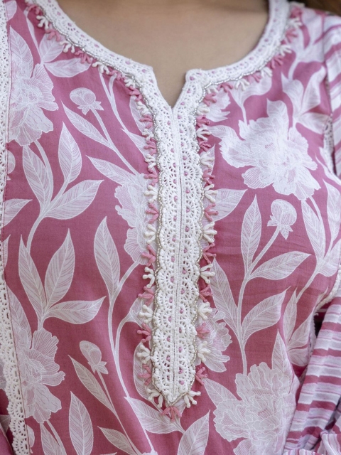 Anouk Pink Floral Printed Straight Thread Work Pure Cotton Kurta with Trousers & Dupatta - Image 3