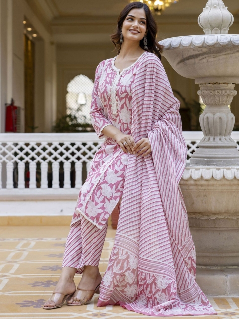 Anouk Pink Floral Printed Straight Thread Work Pure Cotton Kurta with Trousers & Dupatta - Image 5