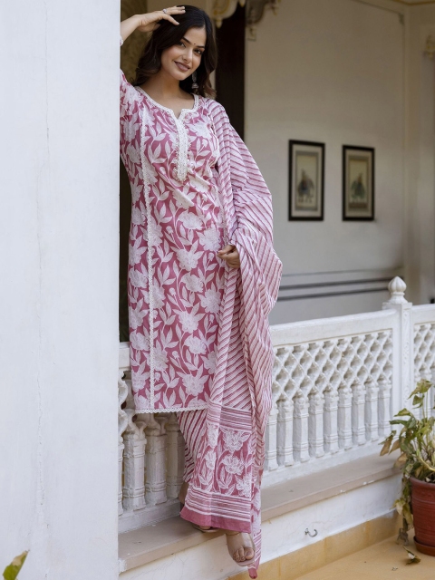 Anouk Pink Floral Printed Straight Thread Work Pure Cotton Kurta with Trousers & Dupatta - Image 4
