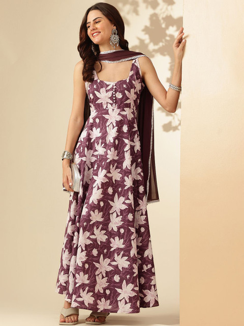 Anouk Floral Printed Square Neck Sleeveless Pure Cotton Anarkali Kurta - Image 7