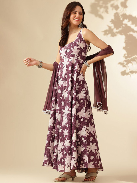 Anouk Floral Printed Square Neck Sleeveless Pure Cotton Anarkali Kurta - Image 6