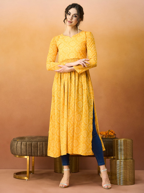 TextileNow Bandhani Printed Pleated Georgette A-Line Kurta
