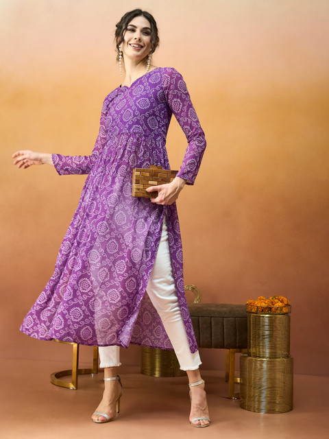 TextileNow Bandhani Printed Pleated Georgette A-Line Kurta - Image 5