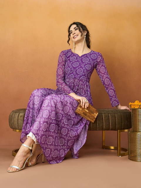 TextileNow Bandhani Printed Pleated Georgette A-Line Kurta - Image 6