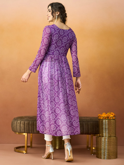TextileNow Bandhani Printed Pleated Georgette A-Line Kurta - Image 4