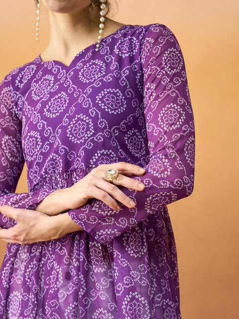 TextileNow Bandhani Printed Pleated Georgette A-Line Kurta - Image 2