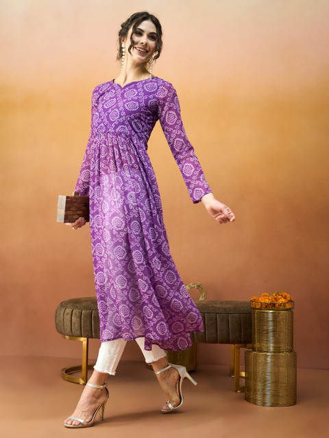 TextileNow Bandhani Printed Pleated Georgette A-Line Kurta - Image 3