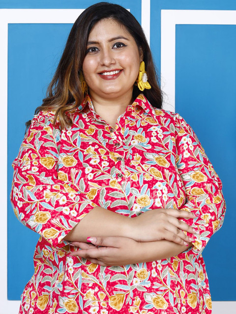 KALINI Plus Size Floral Printed Pure Cotton Tunic With Trousers - Image 6