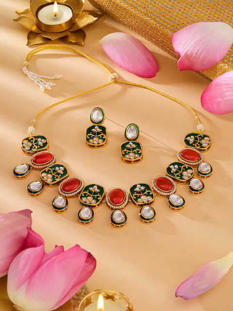 Zaveri Pearls Gold-Plated Stone Studded Meenakari Jewellery Set