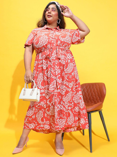 Oxolloxo Plus Size Floral Print Shirt Collar Maxi Dress