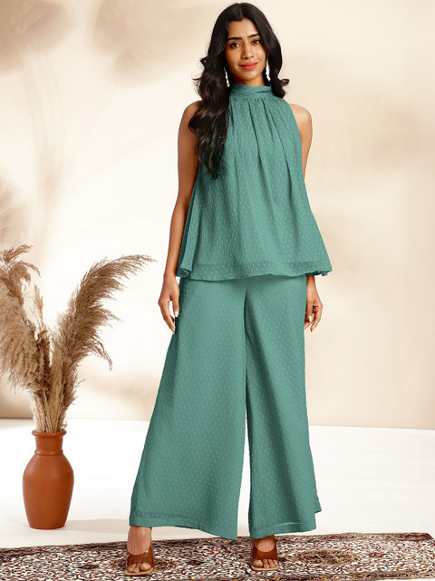 Janasya Self-Design High Neck Dobby Gathered Top & Palazzos