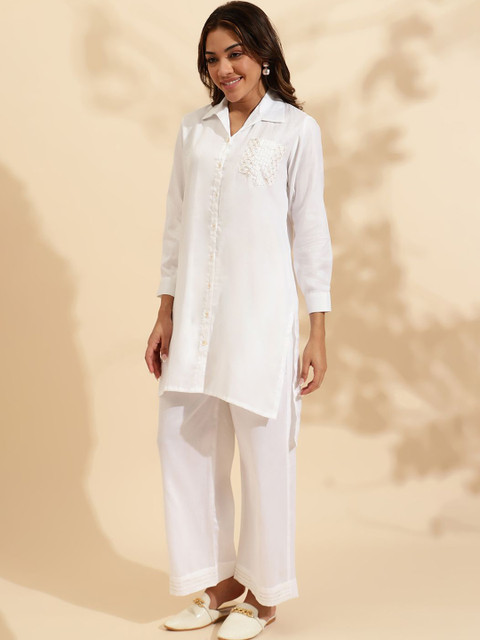 Sringam Embroidered Shirt Collar Pure Cotton Tunic & Trousers - Image 5