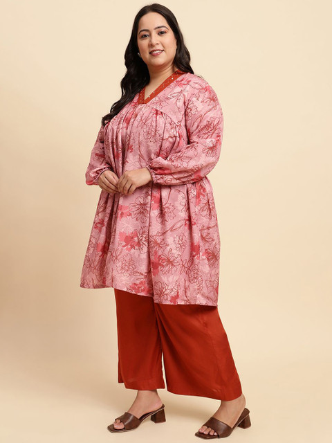Sringam Plus Size Floral Printed Pleated Tunic With Trousers - Image 6
