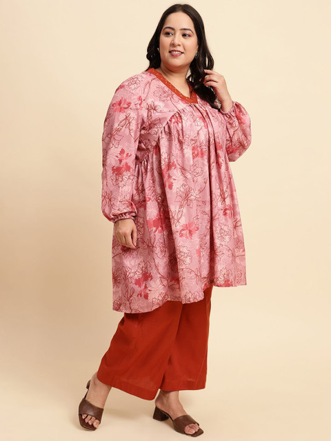 Sringam Plus Size Floral Printed Pleated Tunic With Trousers - Image 4
