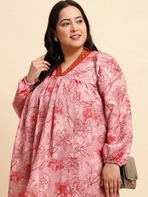 Sringam Plus Size Floral Printed Pleated Tunic With Trousers - Image 2