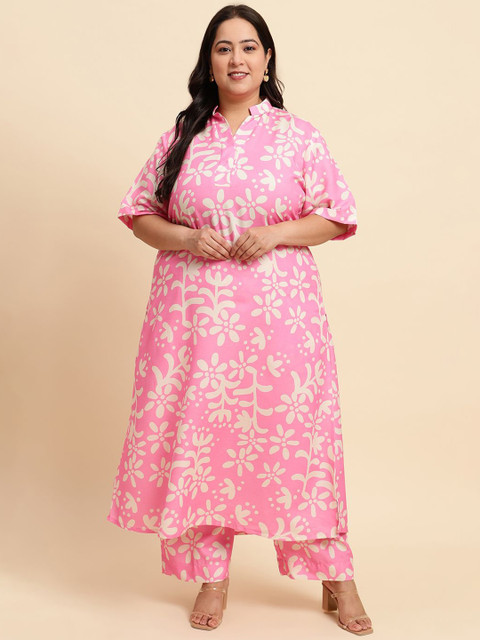 Sringam Plus Size Floral Printed Mandarin Collar Pure Cotton Tunic With Trousers