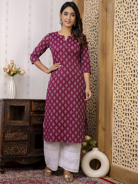 Nayo Ethnic Motifs Printed Notch Neck Cotton Kurta