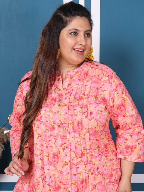 Swasti Plus Size Printed Cotton Mandarin Neck Tunic With Trouser Co-Ords - Image 7