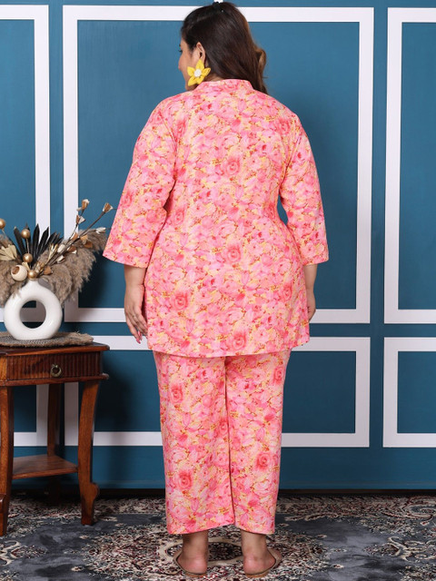 Swasti Plus Size Printed Cotton Mandarin Neck Tunic With Trouser Co-Ords - Image 5