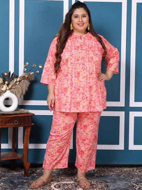 Swasti Plus Size Printed Cotton Mandarin Neck Tunic With Trouser Co-Ords - Image 6