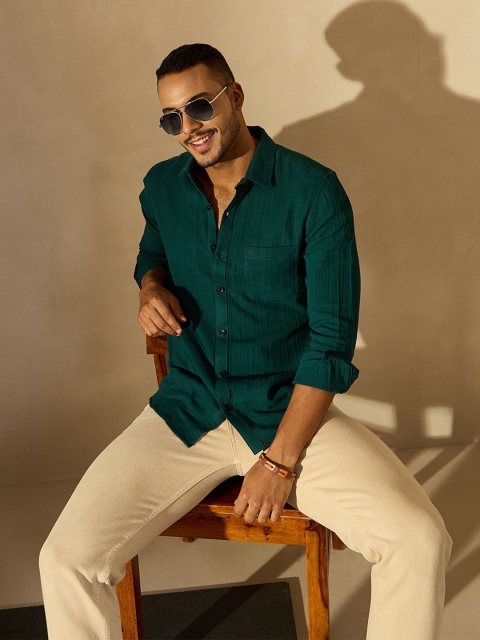 DENNISON Men Self Design Spread Collar Long Sleeves Casual Shirt - Image 7