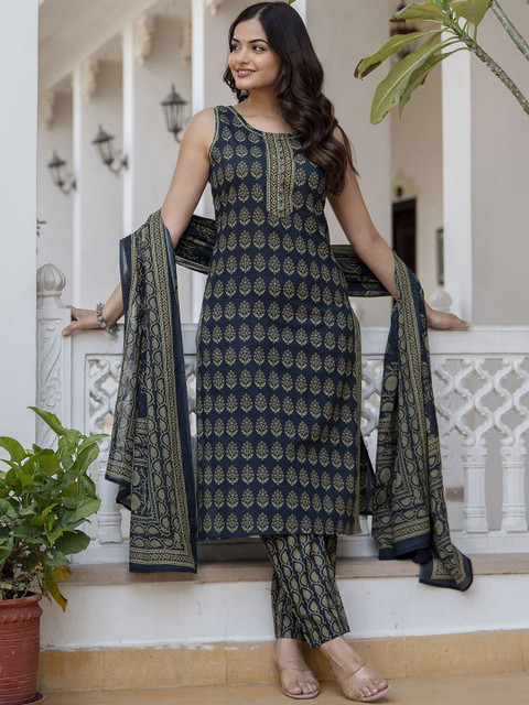 Anouk Ethnic Motifs Printed Regular Pure Cotton Straight Kurta With Trousers & Dupatta