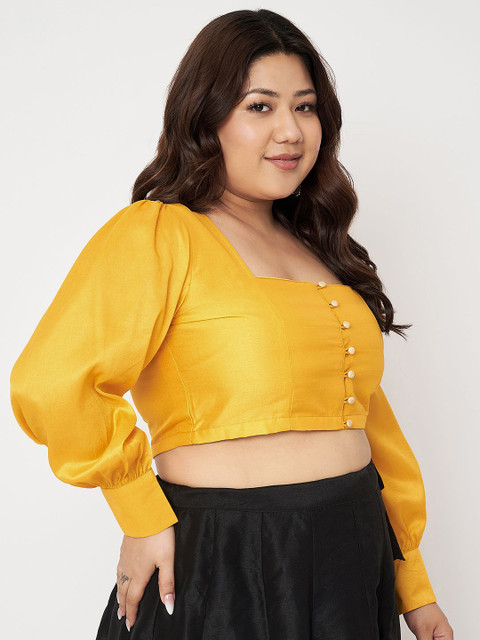 studio rasa Plus Size Puff Sleeve Sheen Crop Top - Image 3