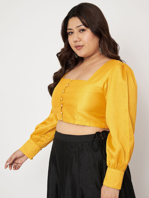 studio rasa Plus Size Puff Sleeve Sheen Crop Top - Image 4