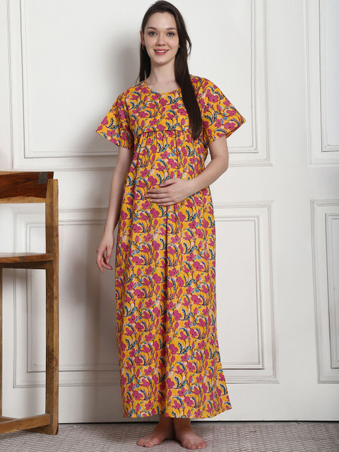 Secret Wish Floral Print Maxi Cotton Maternity Nightdress