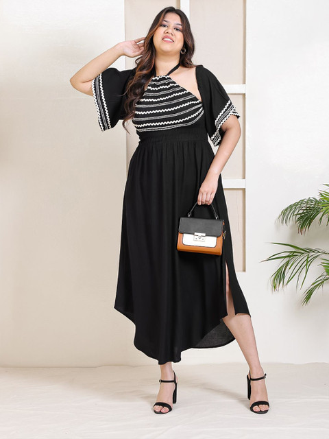 DEEBACO Plus Size Halter Neck Bell Sleeve A-Line Dress